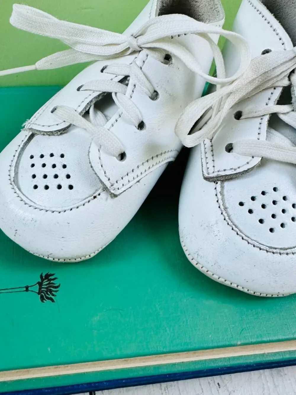 Vintage White Leather Baby Shoes Lace Up Crib Booties Nursery Decor
